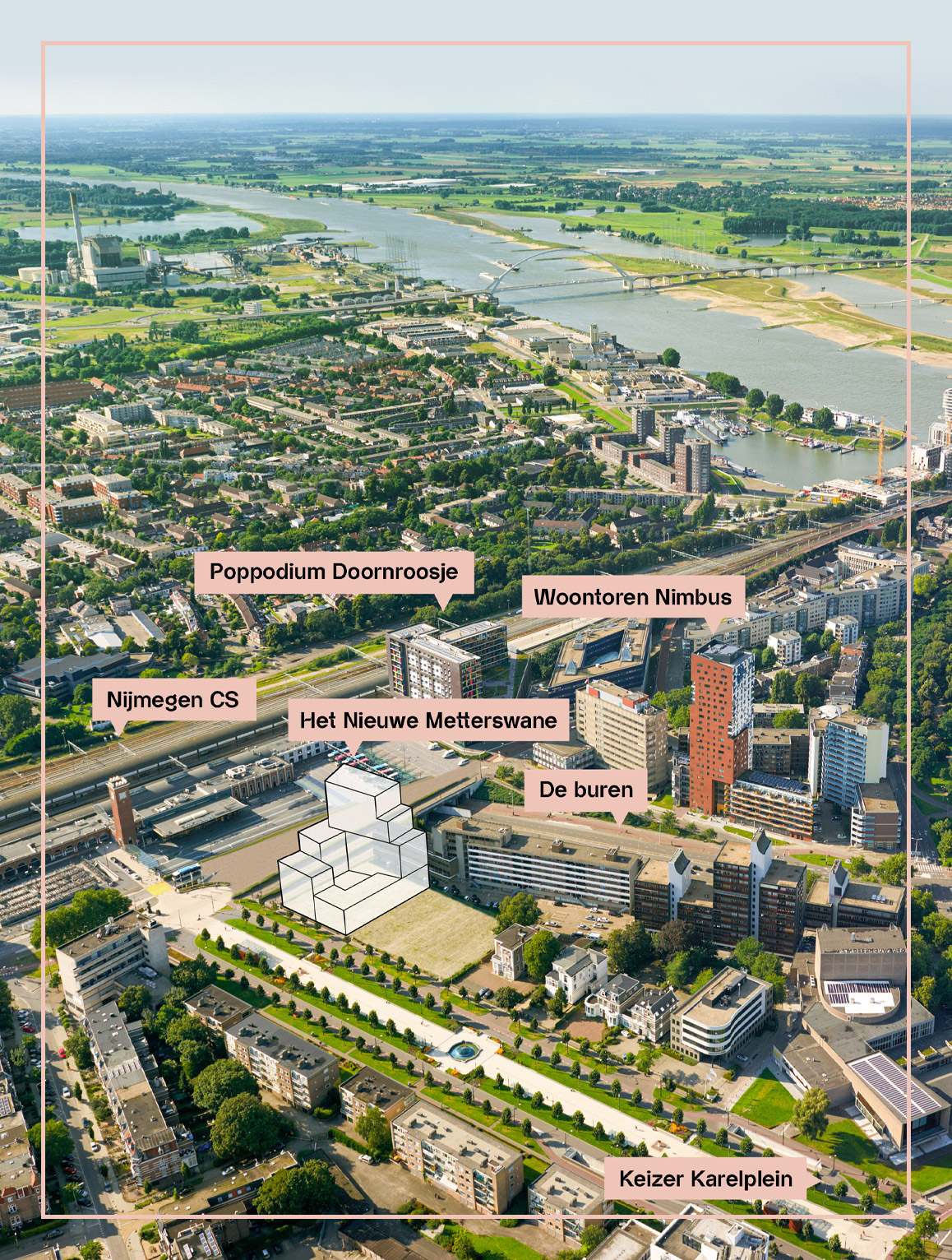 Luchtfoto van het centrum van Nijmegen met daarop de hotspots.