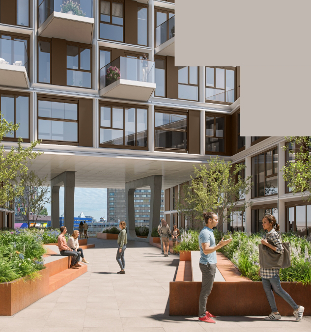 Metterswane_brievenbus Artist impression van mensen die gezellig samenkomen in de binnentuin, De Brievenbus, van Het Nieuwe Metterswane.